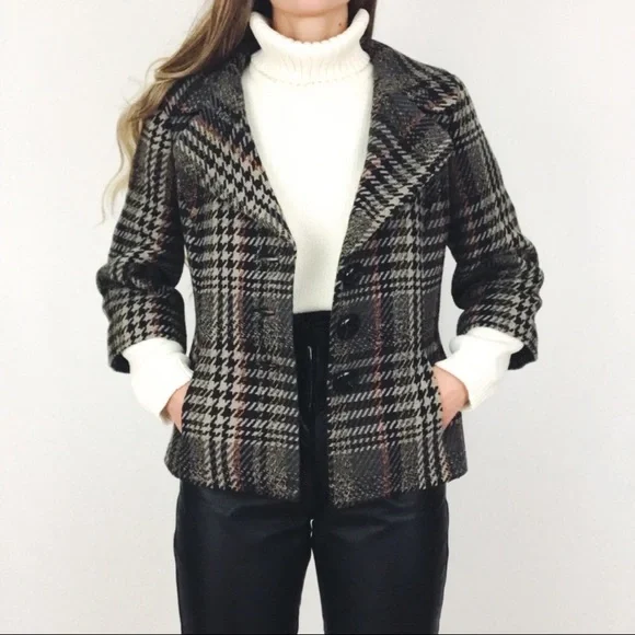 Classiques Entier Cropped Houndstooth Plaid Wool Jacket Retro Boho Brown - Picture 5 of 13